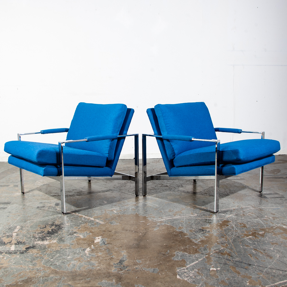 Mid Century Modern Lounge Chair Set Milo Baughman Thayer Coggin Blue Chrome Easy Armchair Maharam Reupholstered Restored