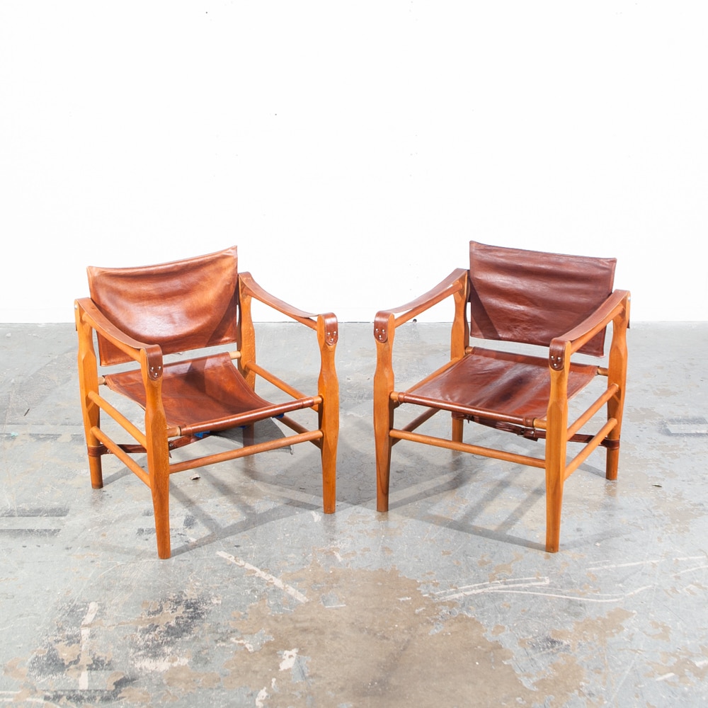 Mid Century Danish Modern lounge Chairs Safari Brown Leather Arm Kaare Klint Tan Beech Wood Denmark - Image 2