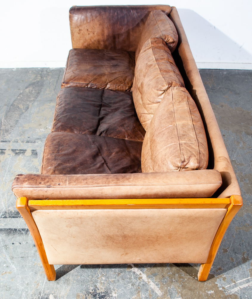 Mid Century Danish Modern Sofa Couch 3 Seater Stouby Worn Leather Tan Denmark Natural Denmark Beech - Image 6