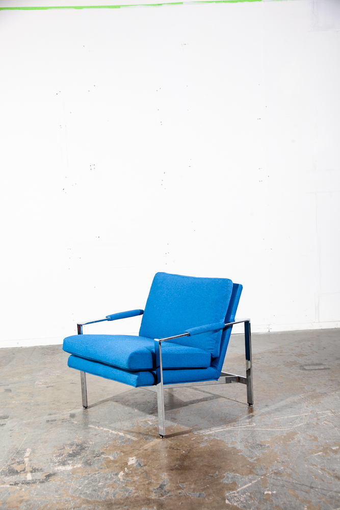 Mid Century Modern Lounge Chair Set Milo Baughman Thayer Coggin Blue Chrome Easy Armchair Maharam Reupholstered Restored - Image 11