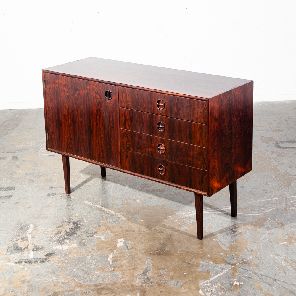 Mid Century Danish Modern Credenza Sideboard Brazilian Rosewood Denmark Drawers Round Handles Pulls Compact Small