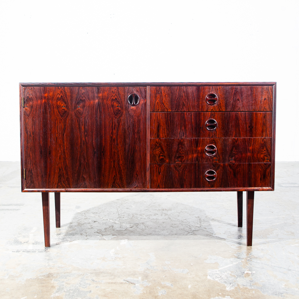 Mid Century Danish Modern Credenza Sideboard Brazilian Rosewood Denmark Drawers Round Handles Pulls Compact Small - Image 2
