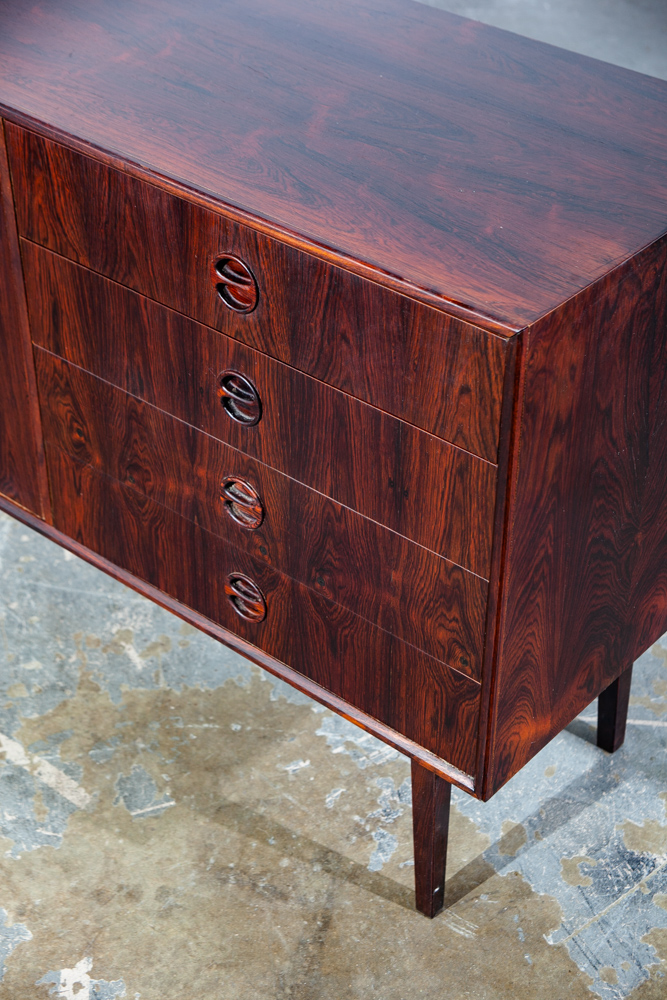 Mid Century Danish Modern Credenza Sideboard Brazilian Rosewood Denmark Drawers Round Handles Pulls Compact Small - Image 7