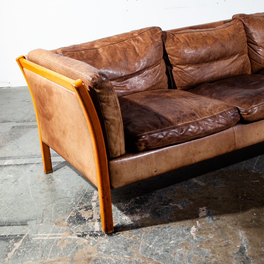 Mid Century Danish Modern Sofa Couch 3 Seater Stouby Worn Leather Tan Denmark Natural Denmark Beech - Image 8