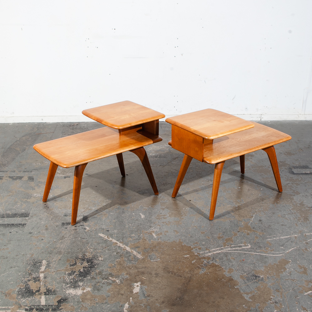 Mid Century modern Nightstands End Side Tables Heywood Wakefield Step Up Blonde Light Wood 2 tier - Image 2