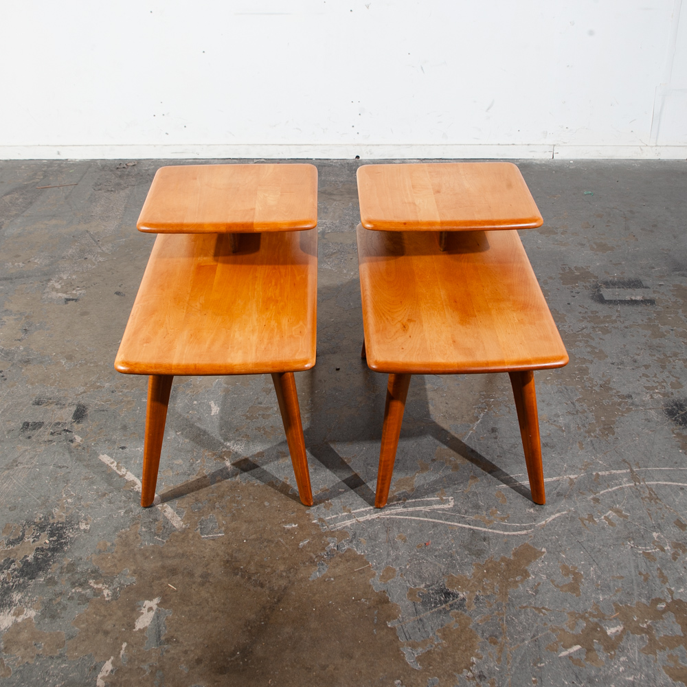 Mid Century modern Nightstands End Side Tables Heywood Wakefield Step Up Blonde Light Wood 2 tier - Image 3