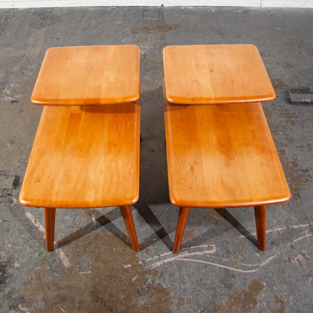 Mid Century modern Nightstands End Side Tables Heywood Wakefield Step Up Blonde Light Wood 2 tier - Image 4