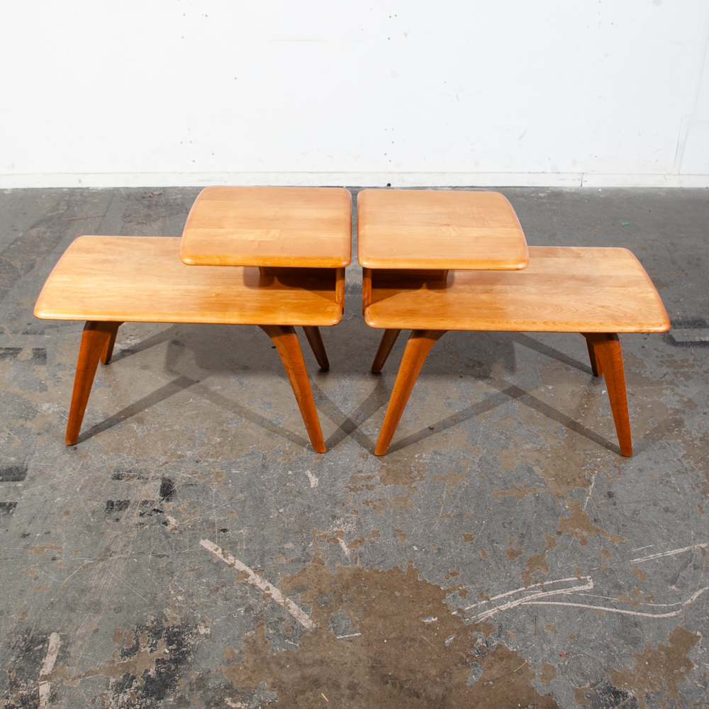 Mid Century modern Nightstands End Side Tables Heywood Wakefield Step Up Blonde Light Wood 2 tier - Image 5