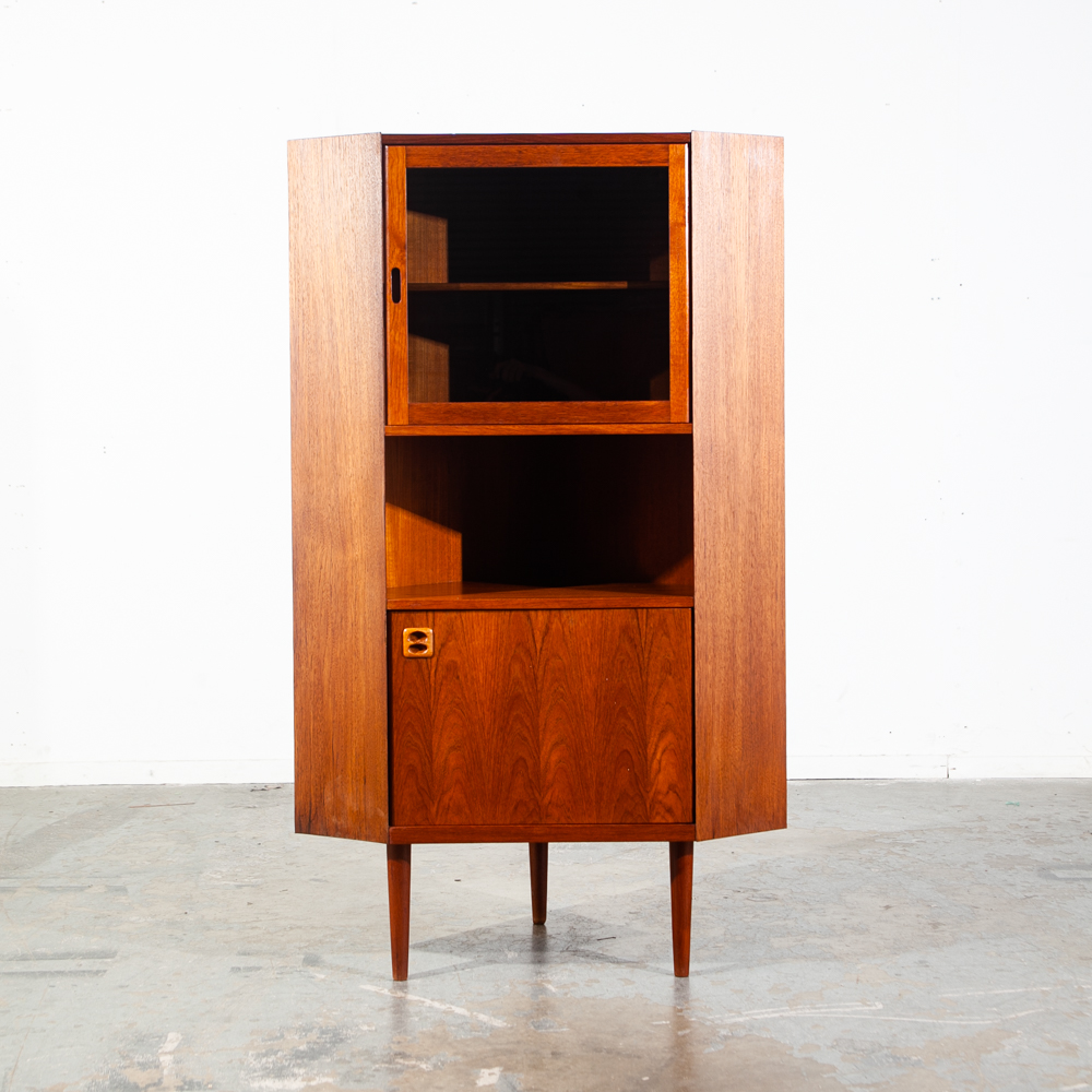 Mid Century Danish Modern Corner Cabinet Bar Unit Teak Wood Drawers Denmark Glass Bar Storage - Image 4