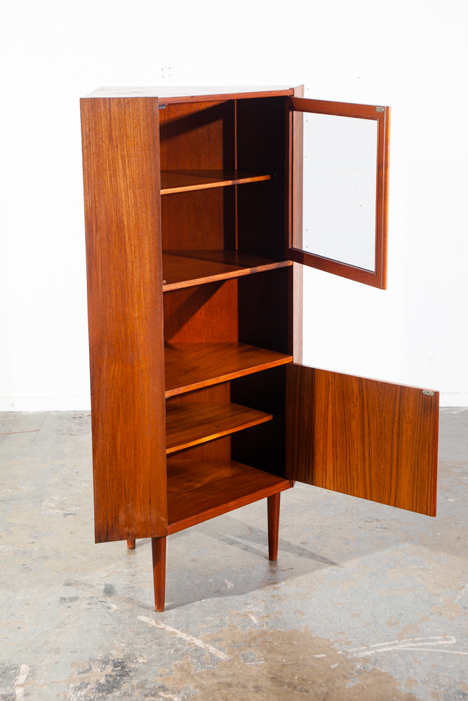 Mid Century Danish Modern Corner Cabinet Bar Unit Teak Wood Drawers Denmark Glass Bar Storage - Image 3