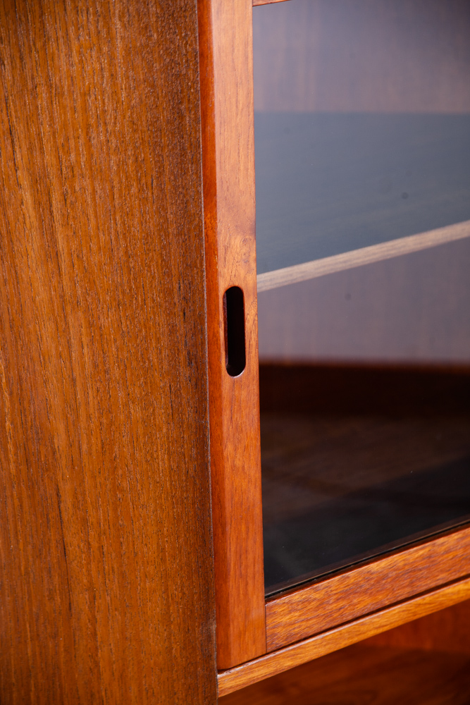 Mid Century Danish Modern Corner Cabinet Bar Unit Teak Wood Drawers Denmark Glass Bar Storage - Image 8