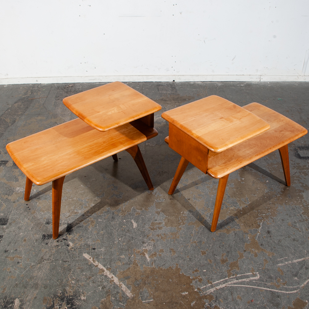 Mid Century modern Nightstands End Side Tables Heywood Wakefield Step Up Blonde Light Wood 2 tier - Image 10