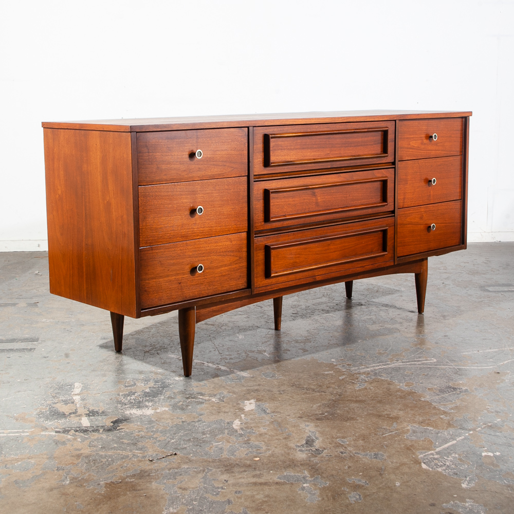 Mid Century Modern Credenza Dresser Walnut Broyhill Drexel 9 drawer Williams Mcm