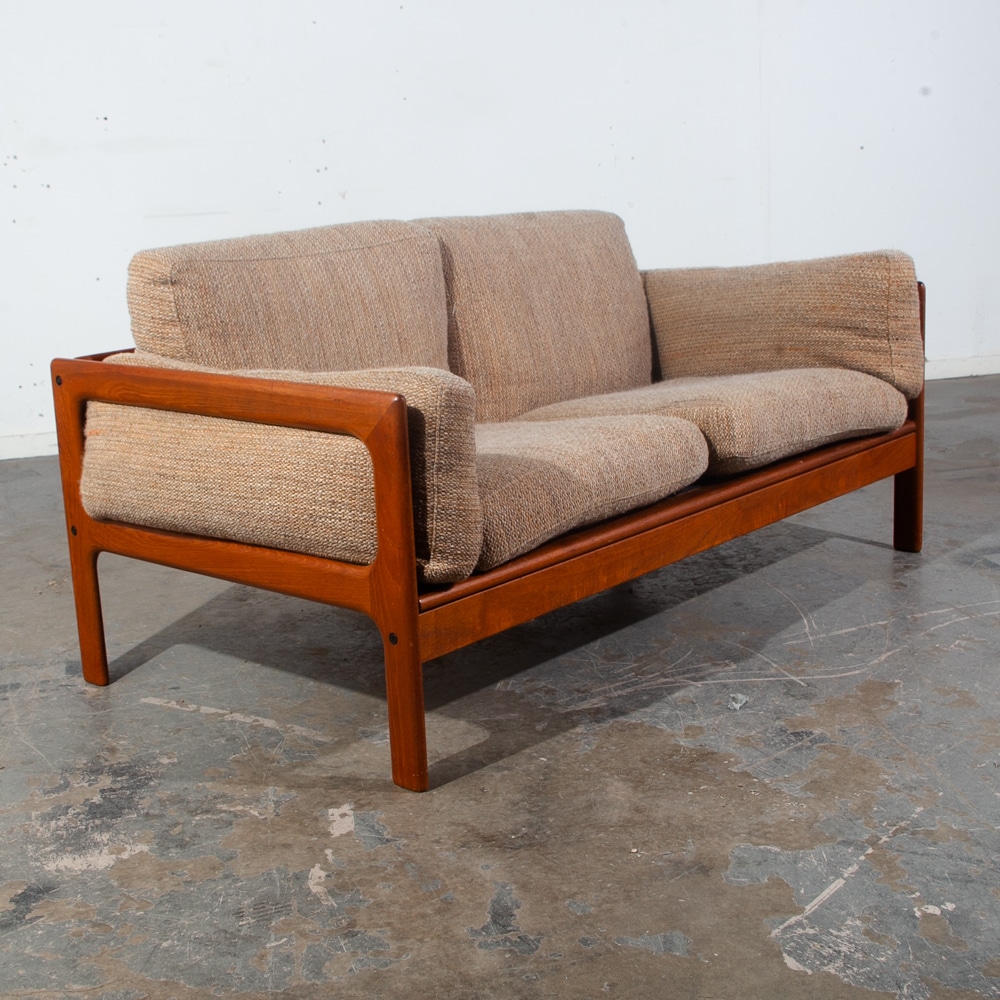 Mid Century Danish Modern Settee Sofa Komfort Denmark Solid Teak Tan Wool Tweed - Image 8