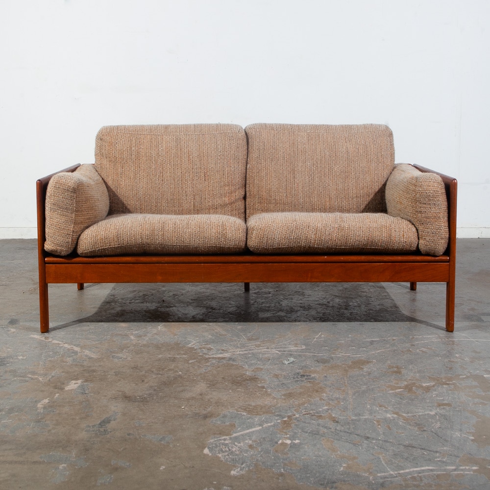 Mid Century Danish Modern Settee Sofa Komfort Denmark Solid Teak Tan Wool Tweed - Image 5