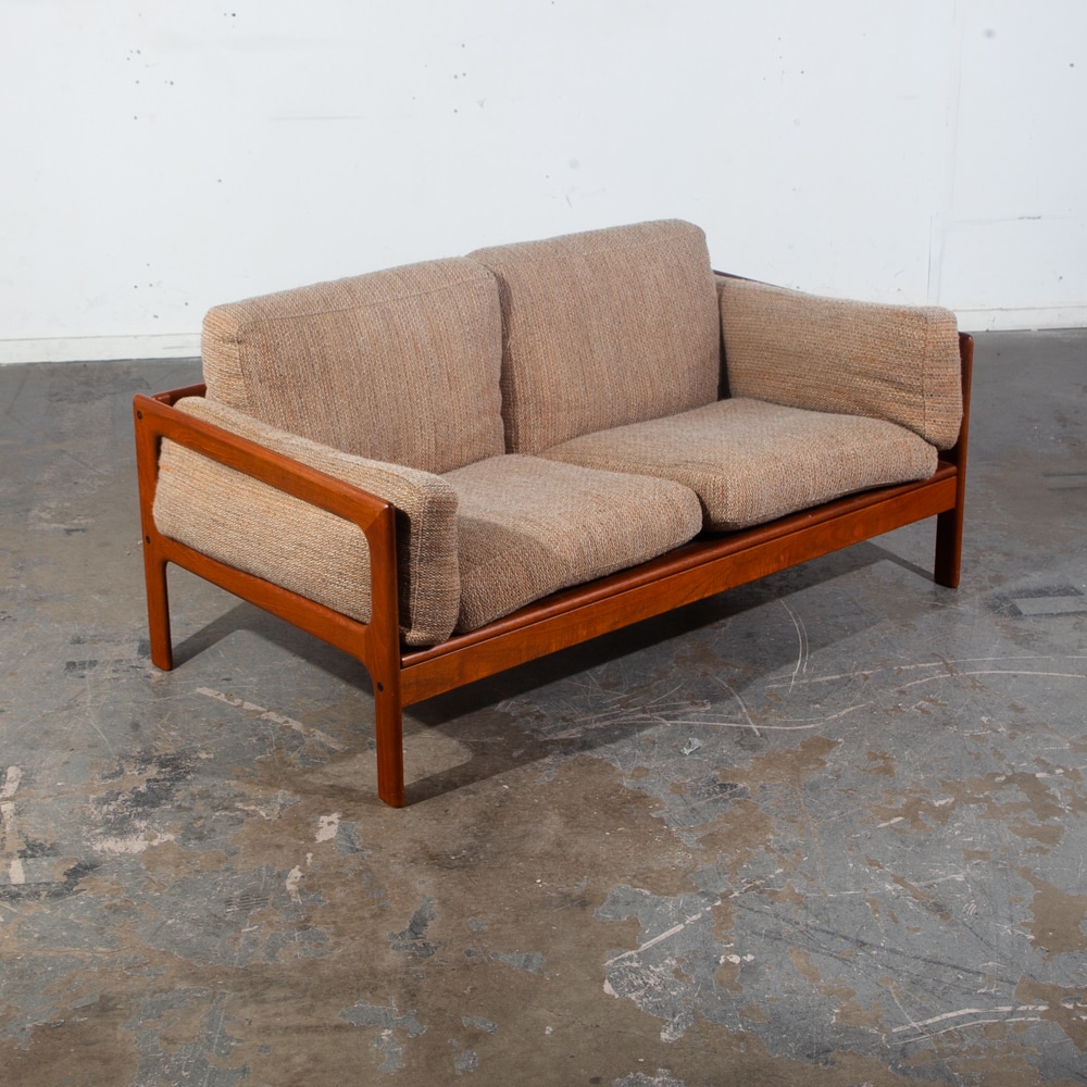 Mid Century Danish Modern Settee Sofa Komfort Denmark Solid Teak Tan Wool Tweed - Image 2