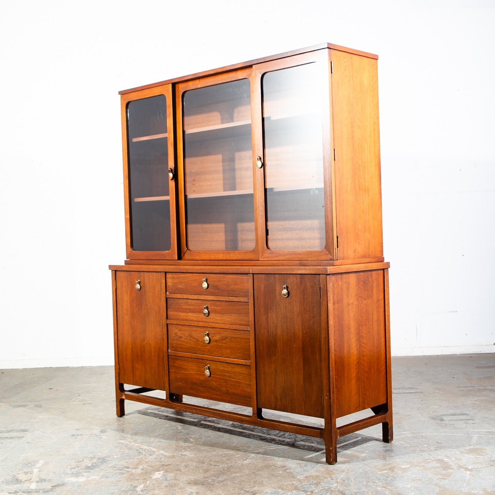 Mid Century Modern China Cabinet Hutch Stanley Walnut Glass Danish Display Wood