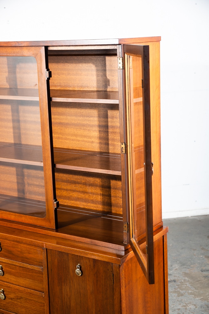 Mid Century Modern China Cabinet Hutch Stanley Walnut Glass Danish Display Wood - Image 8