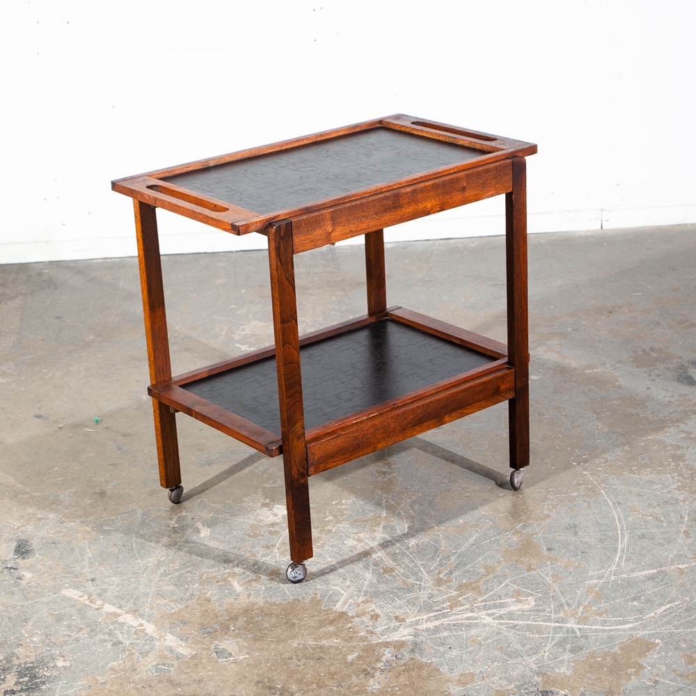 Mid Century Modern Serving Cart Trolley Rolling Tray Black Table Walnut Vintage