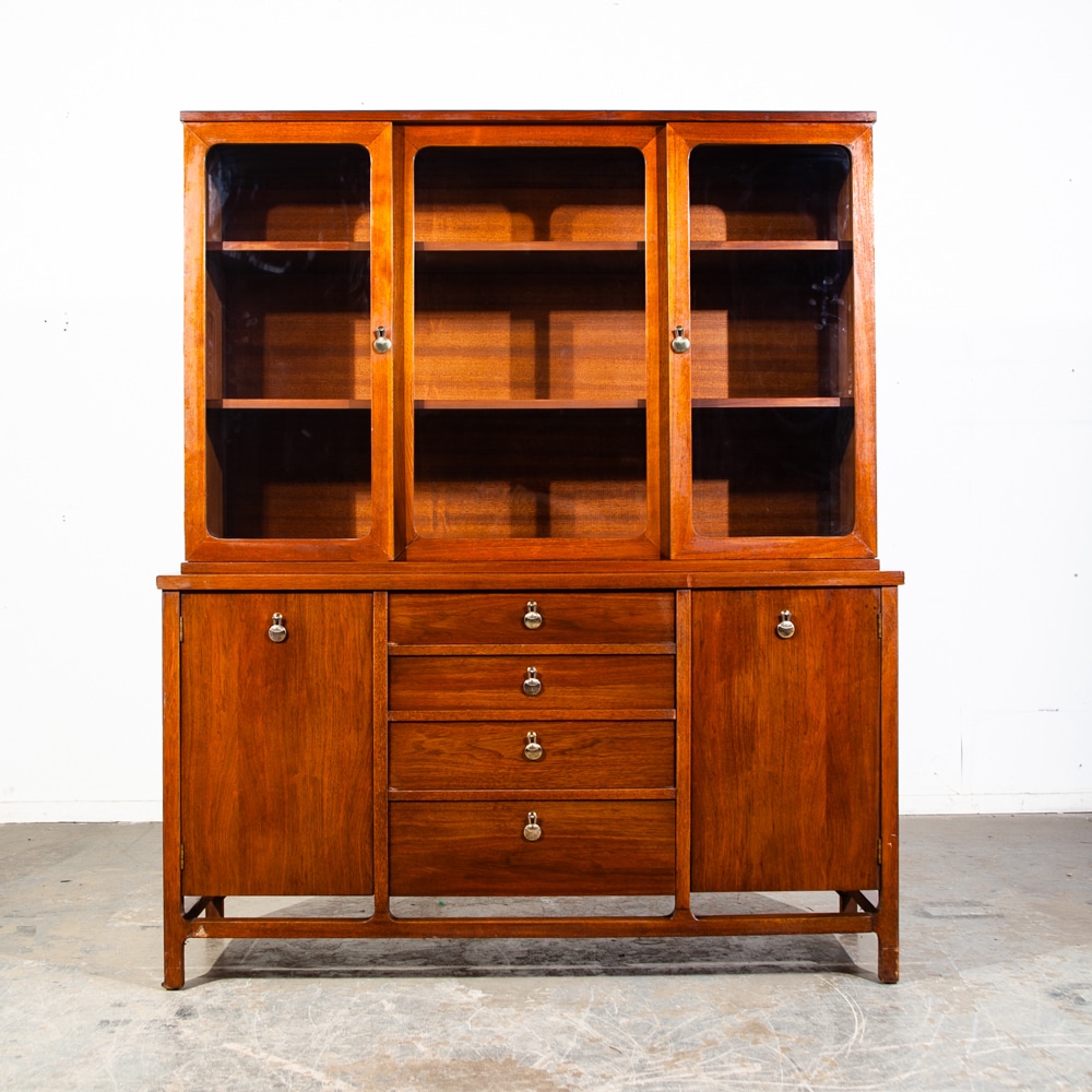 Mid Century Modern China Cabinet Hutch Stanley Walnut Glass Danish Display Wood - Image 2