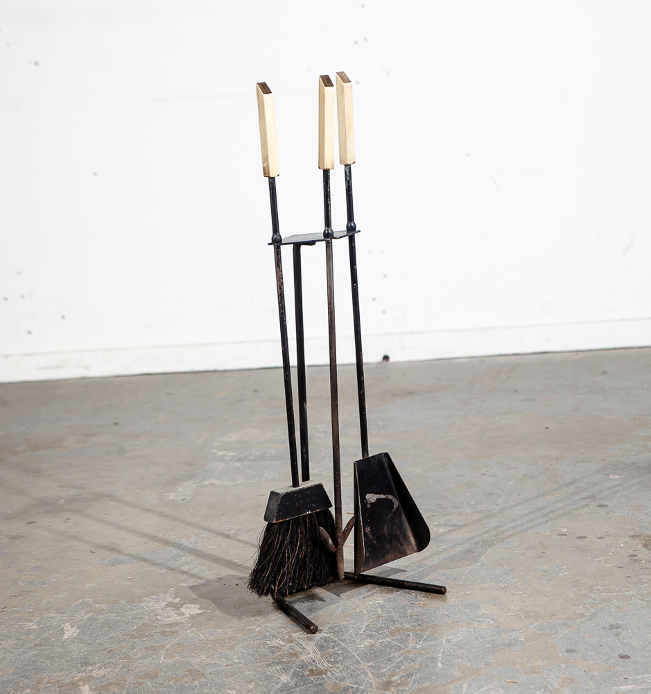 Mid Century Modern Fire Tools Metal Brass Pilgrim Seymour Preway Set Stand Gold