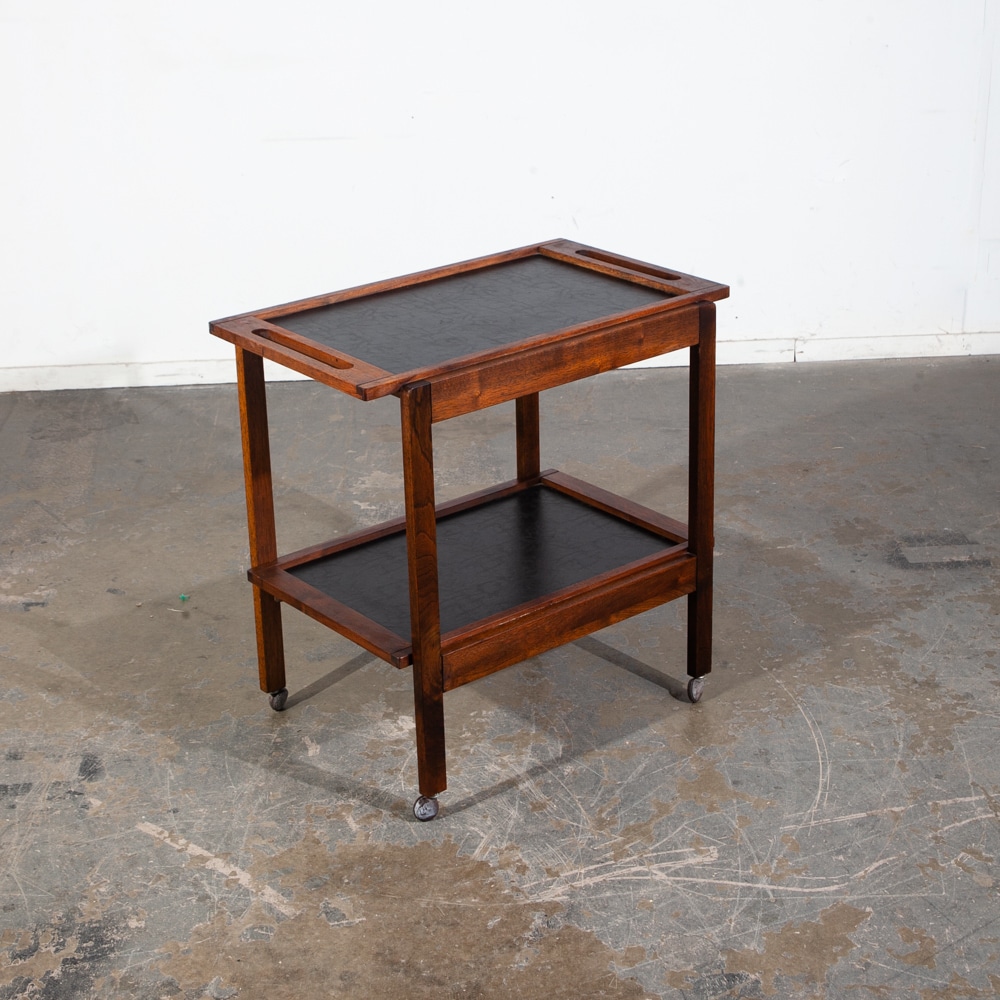Mid Century Modern Serving Cart Trolley Rolling Tray Black Table Walnut Vintage - Image 5