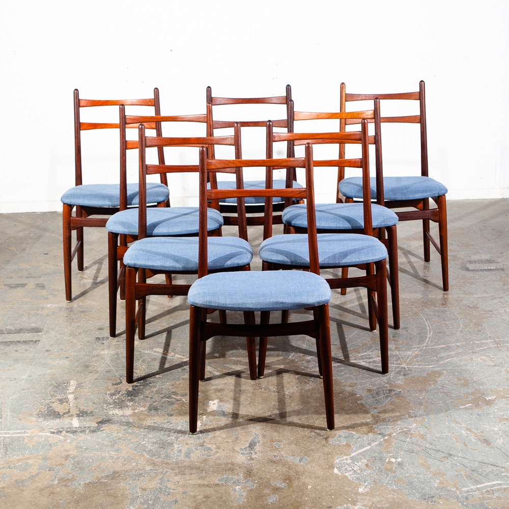 Mid Century Danish Modern Dining Chairs Set 8 Teak Hartmut Lohmeyer Blue High M