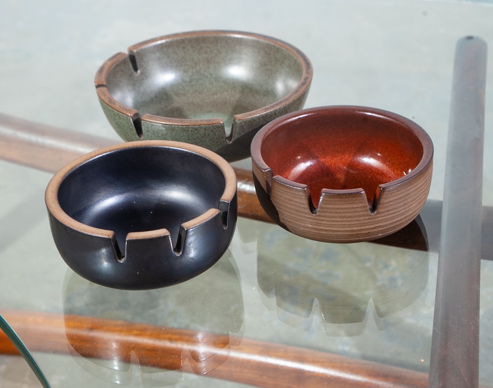 Mid Century Modern Ashtray Set 3 Edith Heath Ceramics Studio Black Red Green Mcm
