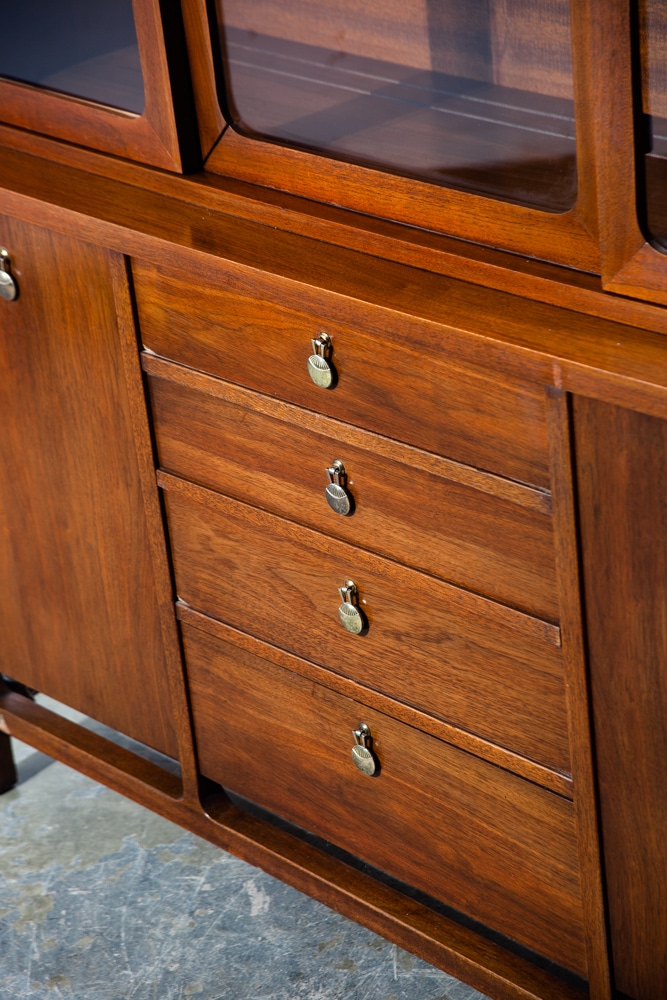 Mid Century Modern China Cabinet Hutch Stanley Walnut Glass Danish Display Wood - Image 11