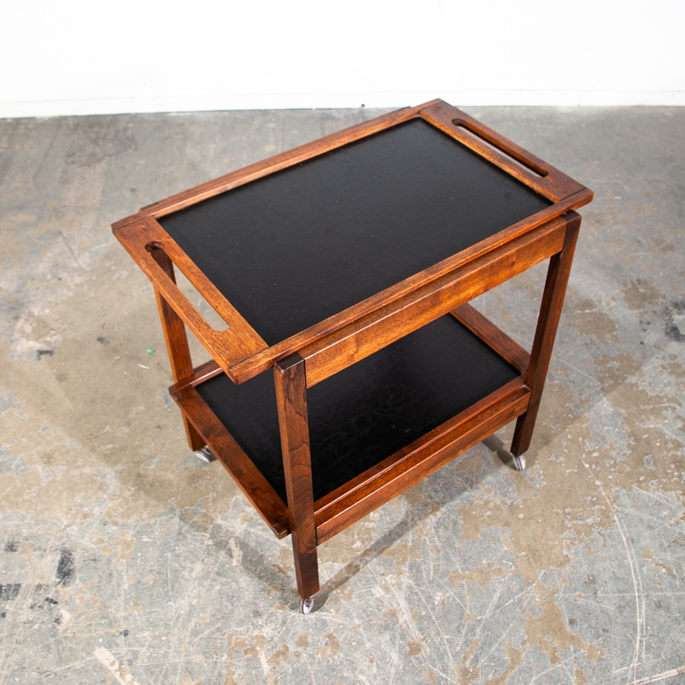 Mid Century Modern Serving Cart Trolley Rolling Tray Black Table Walnut Vintage - Image 2