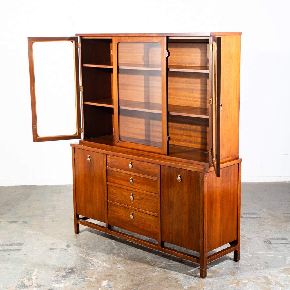 Mid Century Modern China Cabinet Hutch Stanley Walnut Glass Danish Display Wood - Image 3