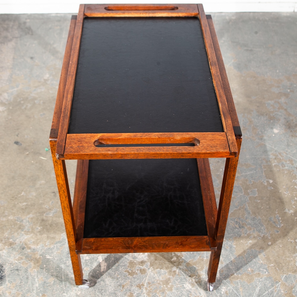 Mid Century Modern Serving Cart Trolley Rolling Tray Black Table Walnut Vintage - Image 6