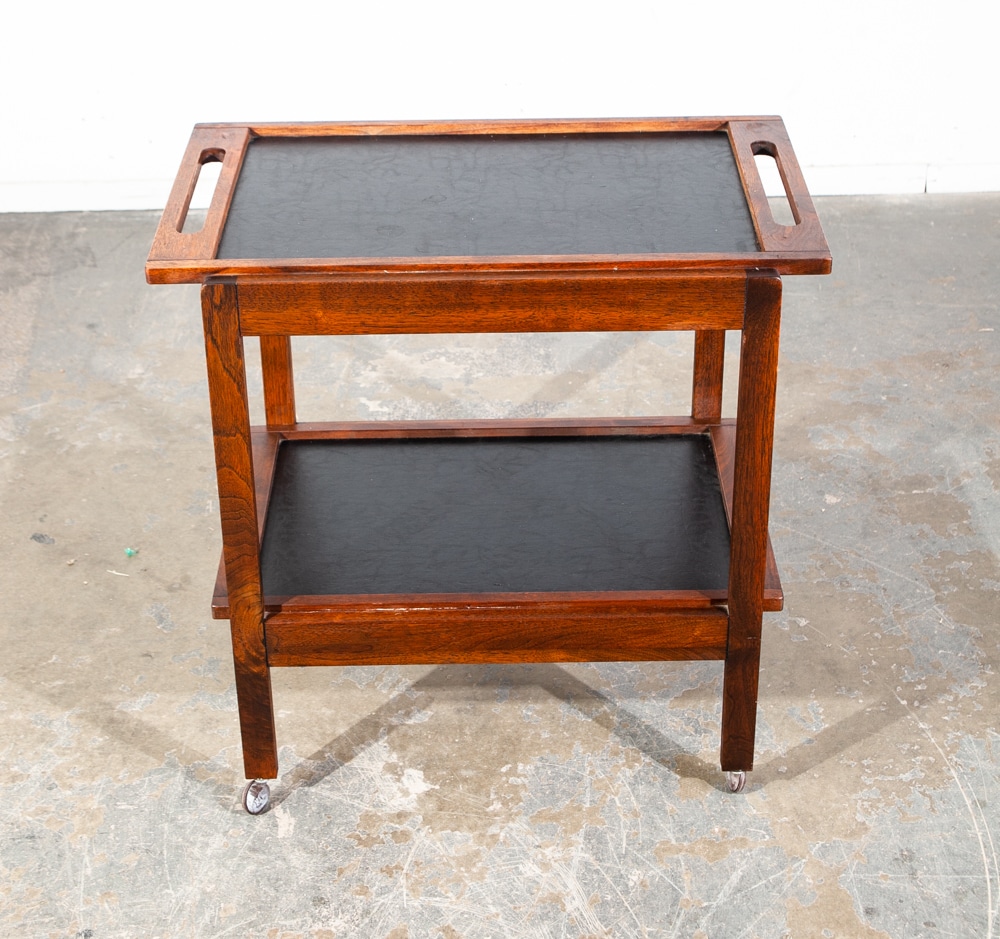 Mid Century Modern Serving Cart Trolley Rolling Tray Black Table Walnut Vintage - Image 3
