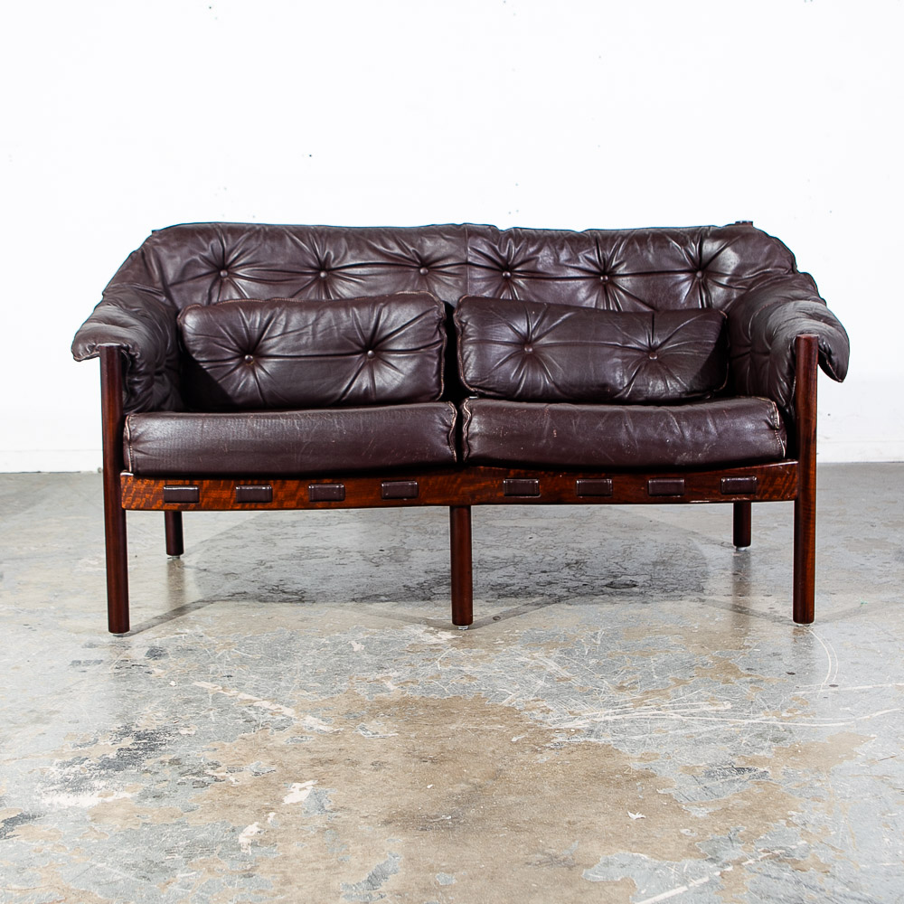 Mid Century Danish Modern Sofa Settee Brown Leather Arne Norell Teak 2 Seat Wood - Image 2