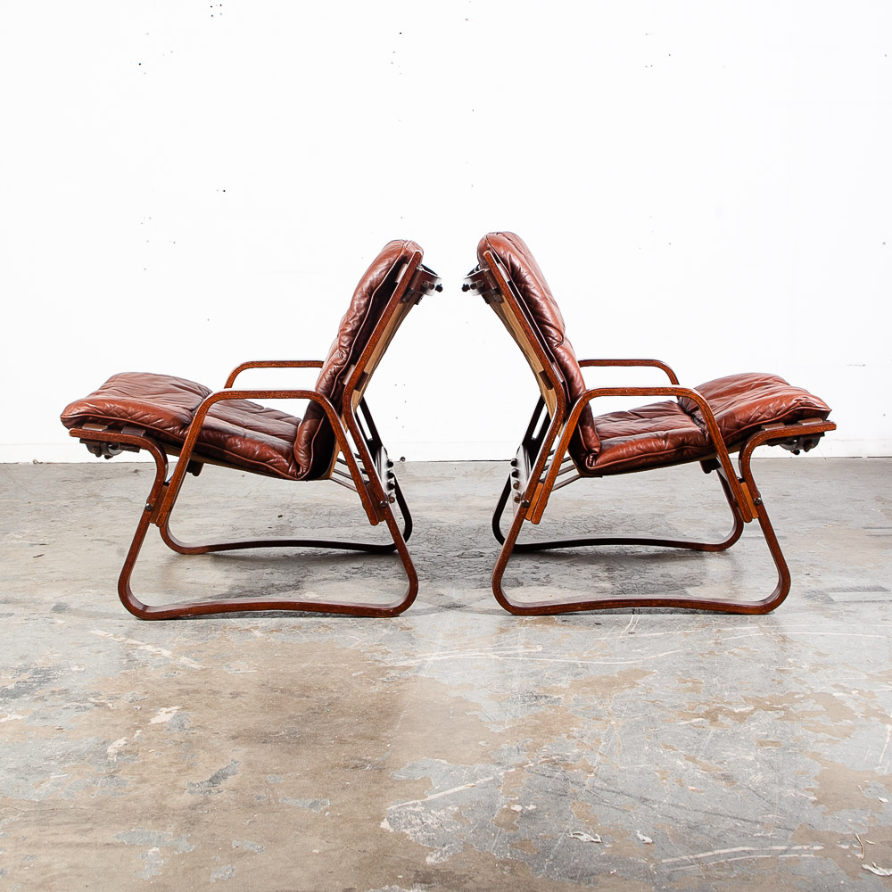 Mid Century Danish Modern Lounge Chair Teak Wood Faux Leather Brown Denmark Mcm - Image 2