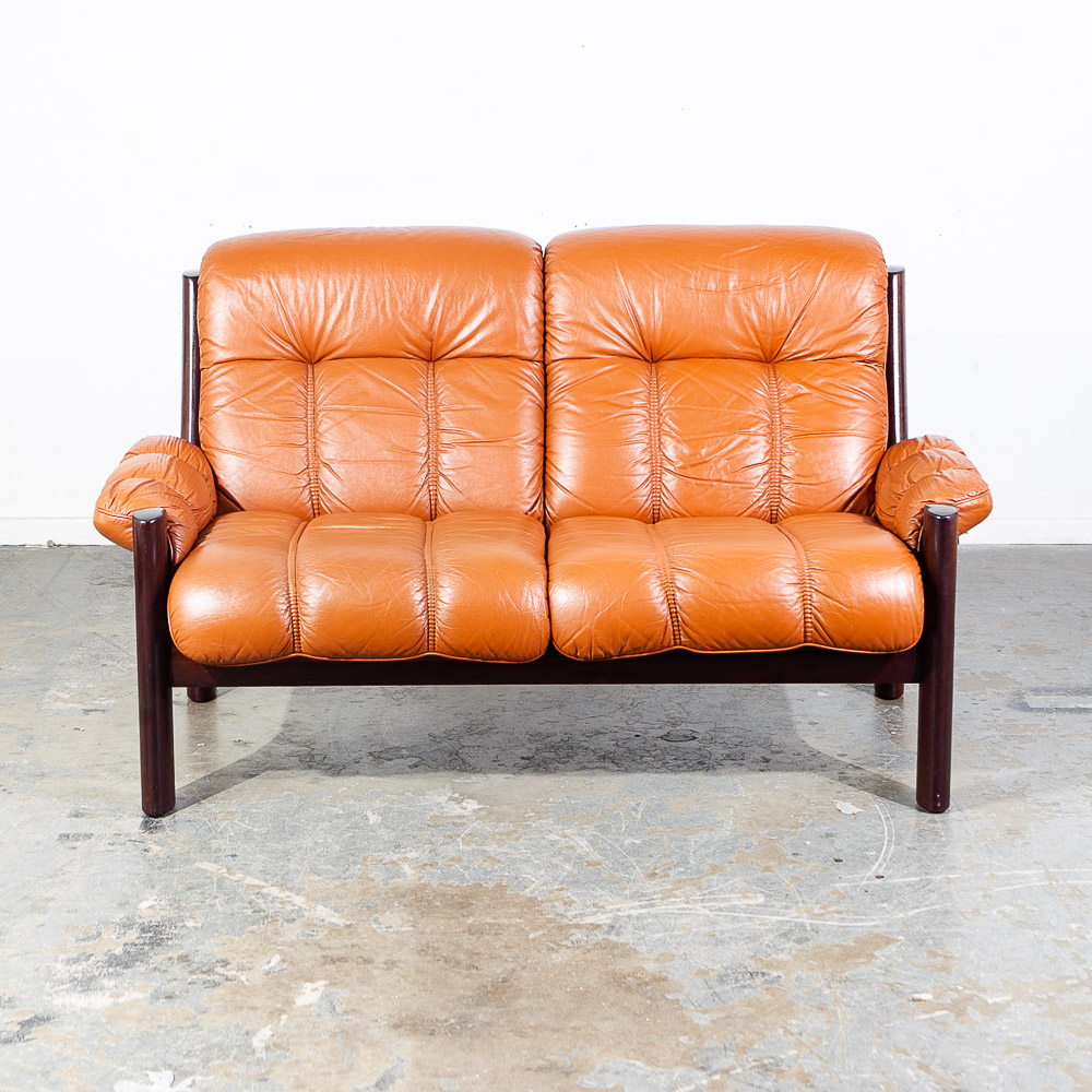 Mid Century Danish Modern Sofa Settee Dyrlund Loveseat 2 Seat Orange Mahogany NM - Image 2