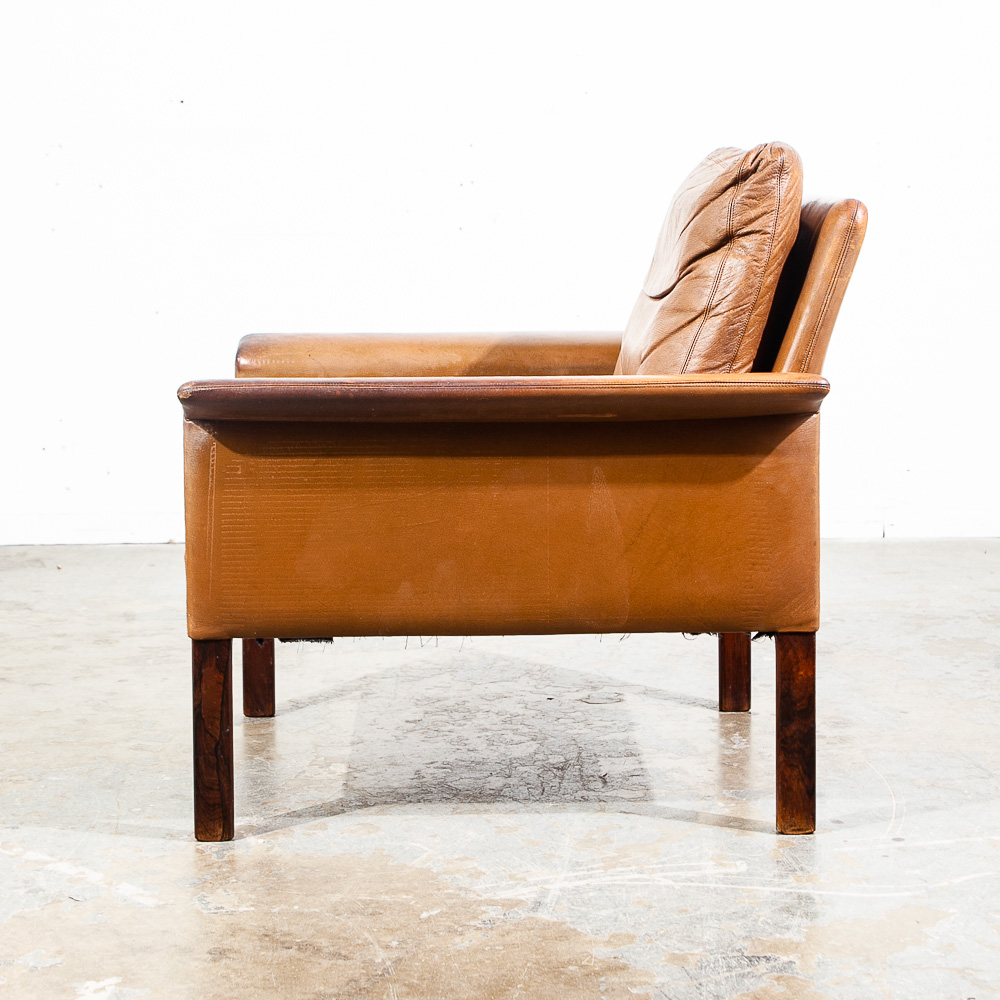 Mid Century Danish Modern Lounge Chair Leather Hans Olsen Black Arm Tan Glostrup - Image 2