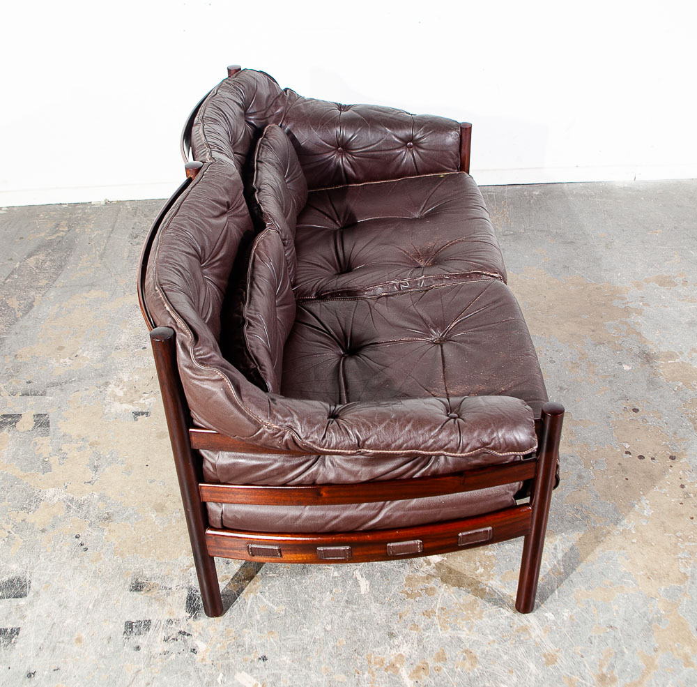 Mid Century Danish Modern Sofa Settee Brown Leather Arne Norell Teak 2 Seat Wood - Image 9