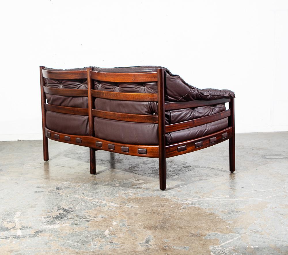 Mid Century Danish Modern Sofa Settee Brown Leather Arne Norell Teak 2 Seat Wood - Image 3