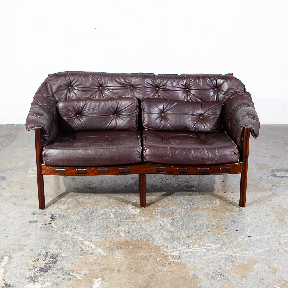 Mid Century Danish Modern Sofa Settee Brown Leather Arne Norell Teak 2 Seat Wood - Image 6