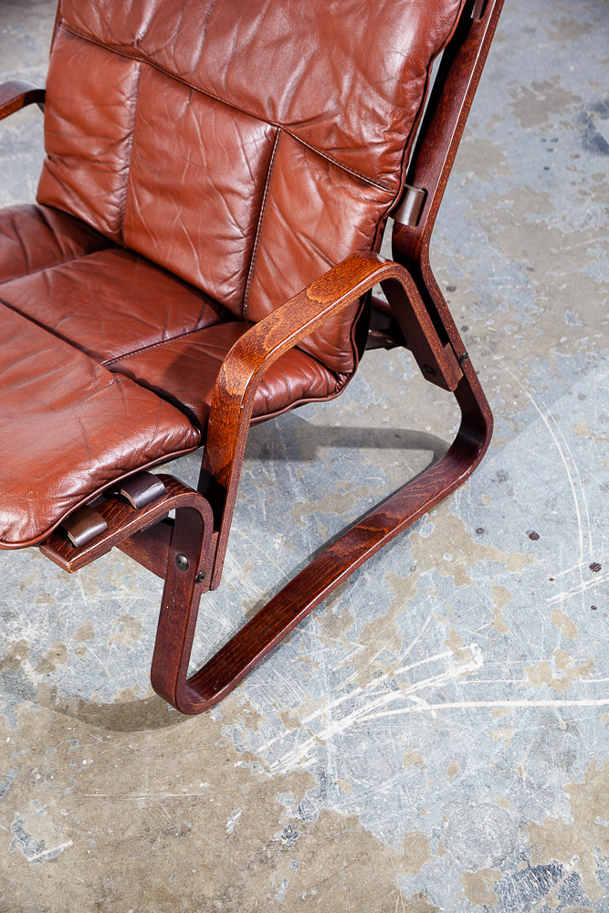Mid Century Danish Modern Lounge Chair Teak Wood Faux Leather Brown Denmark Mcm - Image 11