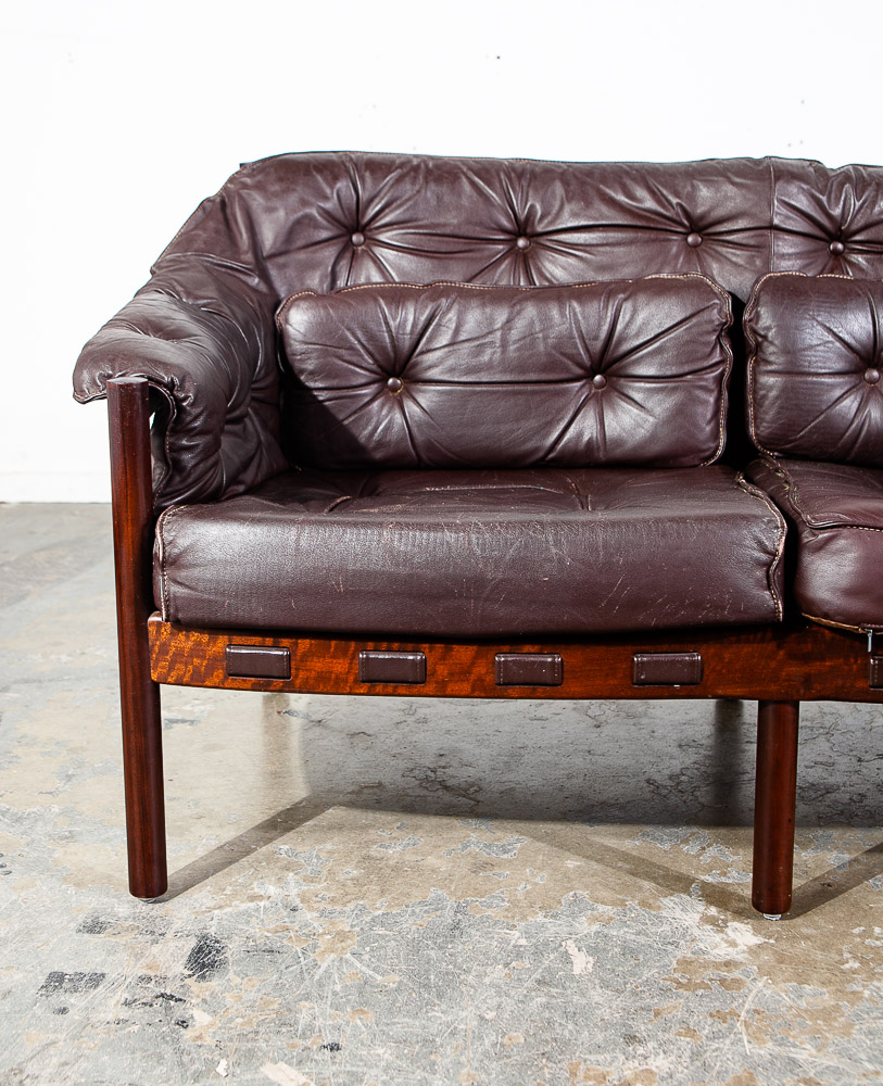 Mid Century Danish Modern Sofa Settee Brown Leather Arne Norell Teak 2 Seat Wood - Image 11