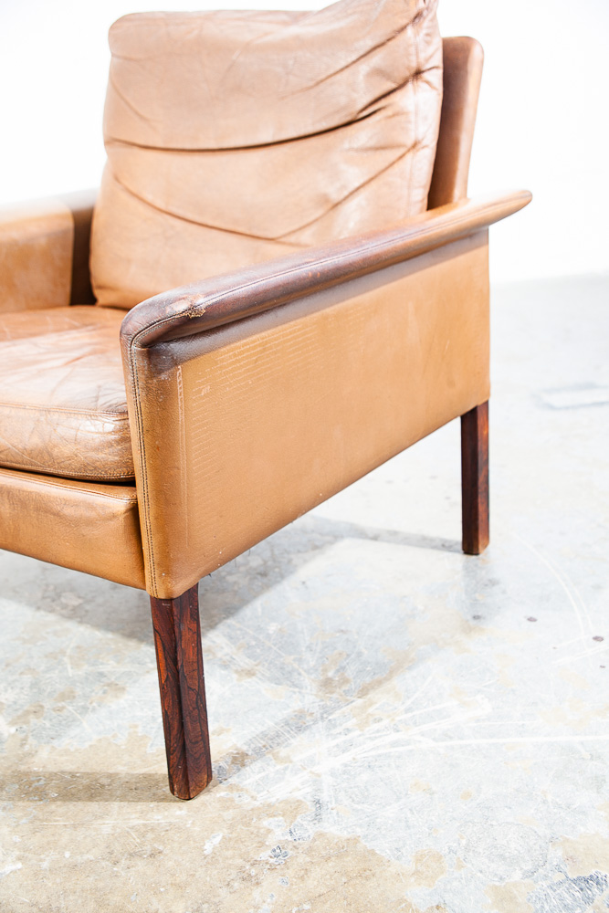 Mid Century Danish Modern Lounge Chair Leather Hans Olsen Black Arm Tan Glostrup - Image 7