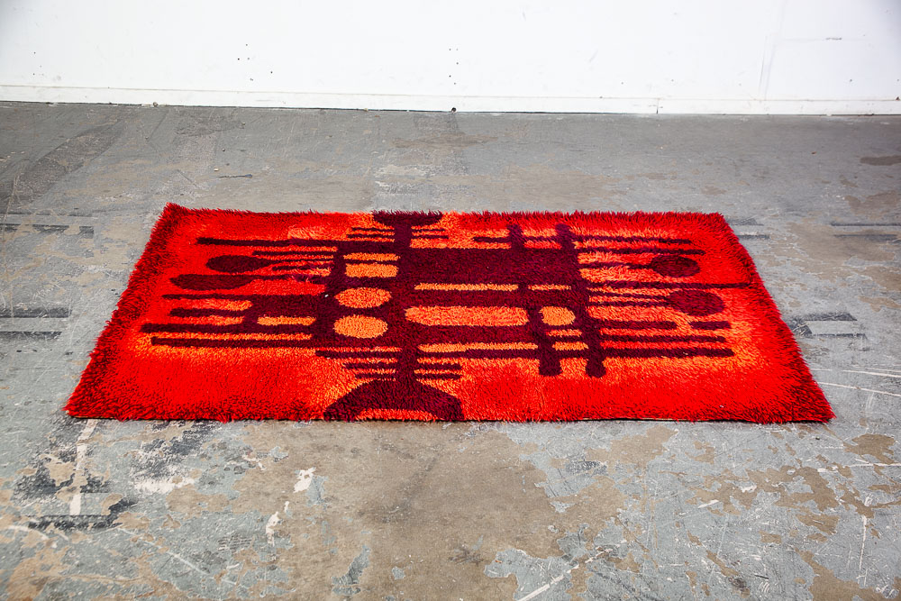 Mid Century Modern Shag Rug Ege Rya Abstract Red Orange 48x69 Wool - Image 3