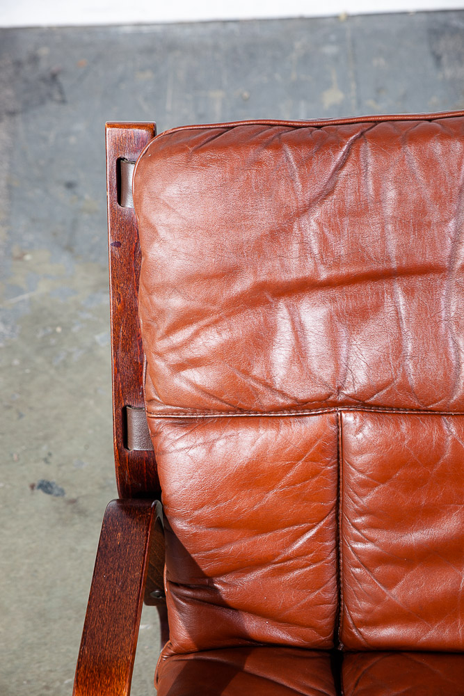 Mid Century Danish Modern Lounge Chair Teak Wood Faux Leather Brown Denmark Mcm - Image 8