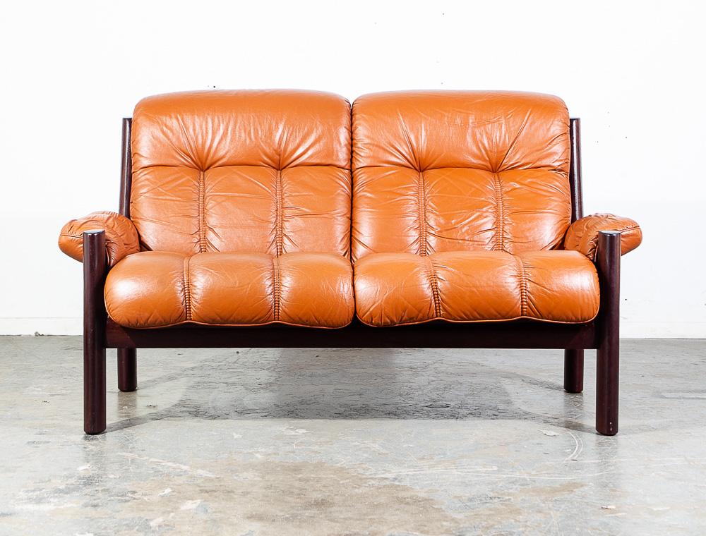 Mid Century Danish Modern Sofa Settee Dyrlund Loveseat 2 Seat Orange Mahogany NM - Image 10
