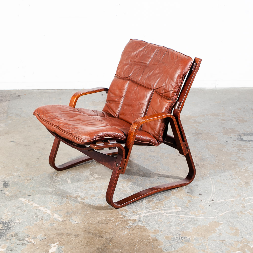 Mid Century Danish Modern Lounge Chair Teak Wood Faux Leather Brown Denmark Mcm - Image 5