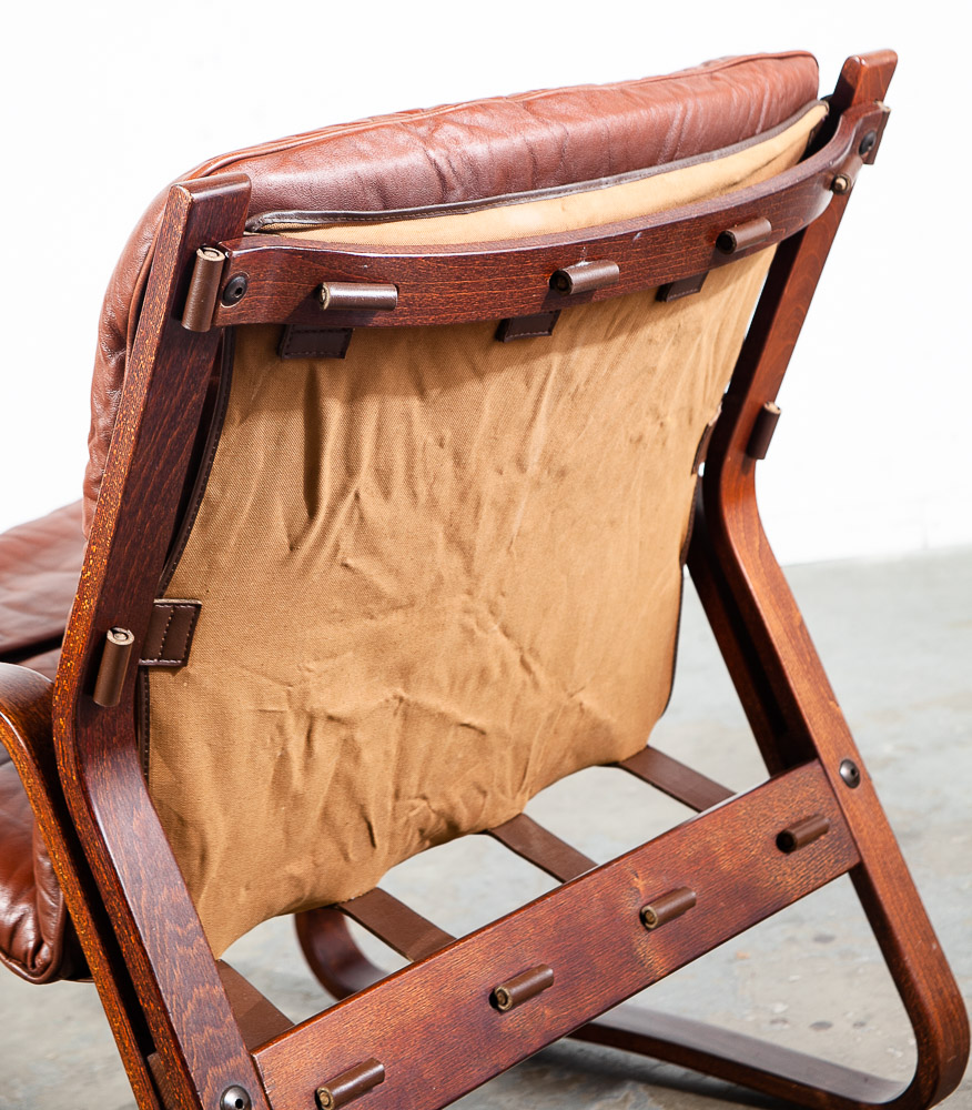 Mid Century Danish Modern Lounge Chair Teak Wood Faux Leather Brown Denmark Mcm - Image 9