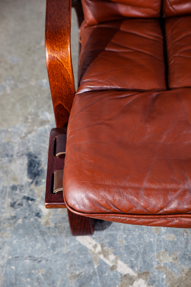 Mid Century Danish Modern Lounge Chair Teak Wood Faux Leather Brown Denmark Mcm - Image 10