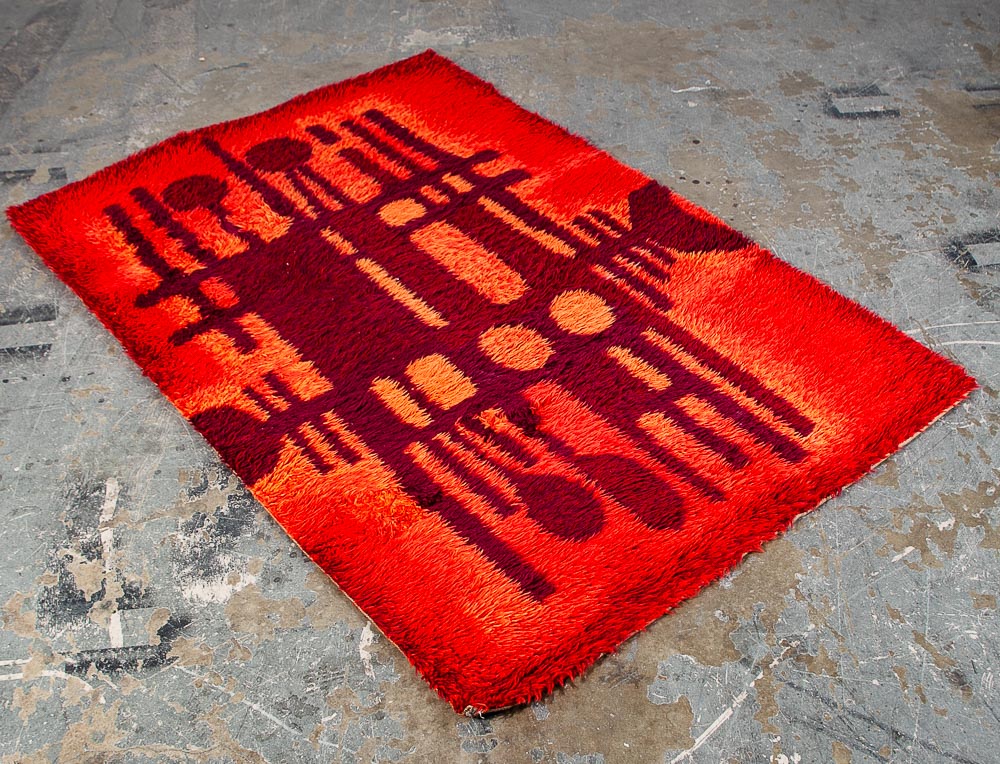 Mid Century Modern Shag Rug Ege Rya Abstract Red Orange 48x69 Wool